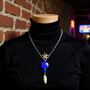 Big Bold Blue & Silver Feather Focal 22" Statement Necklace - Boho Beachy Casual